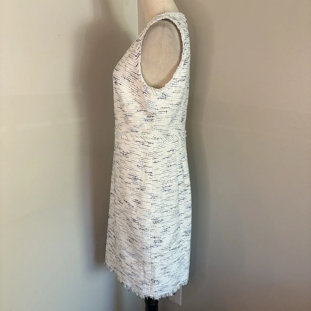 Kate Spade New York Tweed V-Neck Sheath Dress White Navy Fringe Boucle Size 8